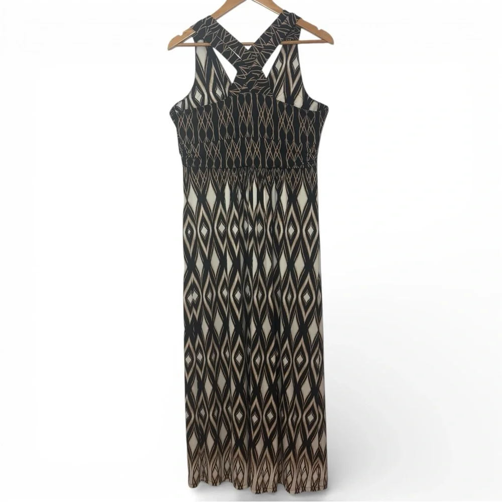 Soma Black & Beige Geometric Maxi Dress Size Large Boho Racerback Stretch - Picture 9 of 12